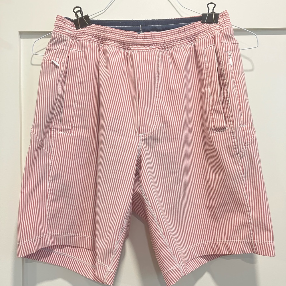 Birddogs shorts, red/white oxford stripes, size medium (long), lined